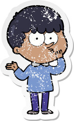 distressed sticker of a cartoon curious boy