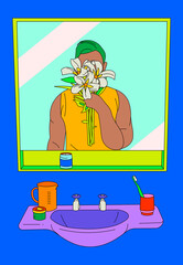 Boy holding sampaguita flowers in front of a mirror