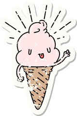 grunge sticker of tattoo style ice cream character waving