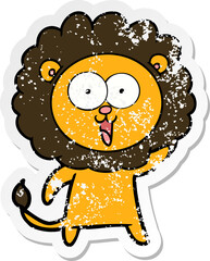 distressed sticker of a happy cartoon lion
