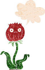 cartoon thistle and speech bubble in retro textured style