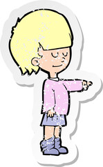retro distressed sticker of a cartoon girl pointing
