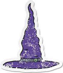 distressed sticker of a cartoon witchs hat