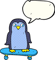 comic book speech bubble cartoon penguin riding skateboard