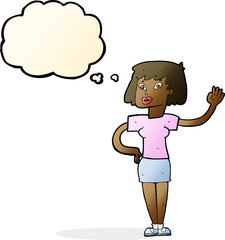 cartoon woman waving with thought bubble
