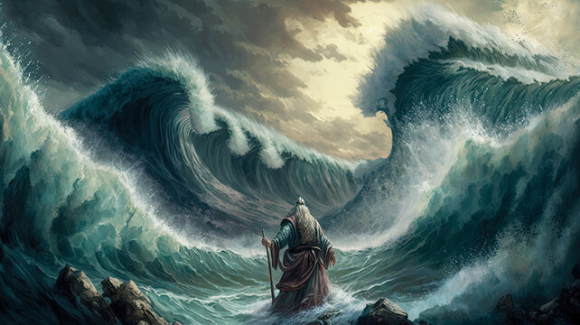 The story of Moses parting the Red Sea. Ai generated illustration.