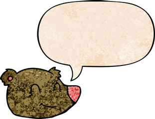 cartoon happy bear face and speech bubble in retro texture style