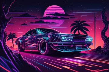 Obraz na płótnie Canvas Driving in the night, futuristic synth-wave car in purple neon colours. Generative AI