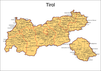 Vektor Administrative Gliederung Österreich Bundesland  Tirol Gemeinde Karte - obrazy, fototapety, plakaty