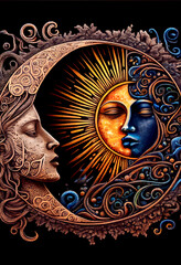 Generative AI render of a sun and moon themed illustration