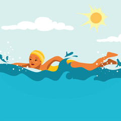 Summer activity. Woman swimming. Summertime and Vacation. Vector Flat file.