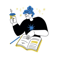 Self Growth with Woman Character Study with Book and Coffee Engaged in Personal Development and Improvement Vector Illustration