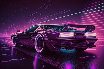 Obraz na płótnie Canvas Driving in the night, futuristic synth-wave car in purple neon colours. Generative AI