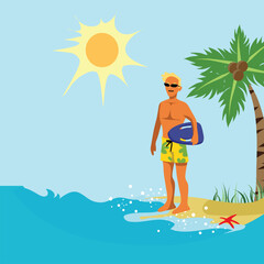 Obraz na płótnie Canvas Summer activity. Man and surfboard. Summertime and Vacation. Vector Flat file.