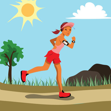 Summer activity. Woman running. Summertime and Vacation. Vector Flat file.