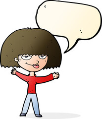 cartoon smug woman with speech bubble