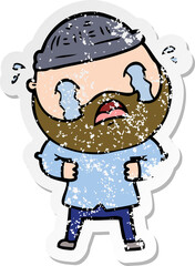 distressed sticker of a cartoon bearded man crying