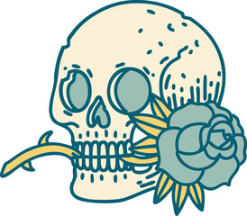 tattoo style icon of a skull and rose