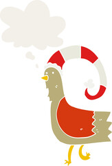 cartoon chicken in funny christmas hat and thought bubble in retro style