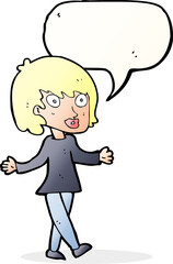 cartoon woman with open arms with speech bubble