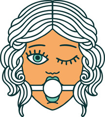 tattoo style icon of winking female face with ball gag