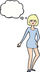 cartoon woman in dress with thought bubble