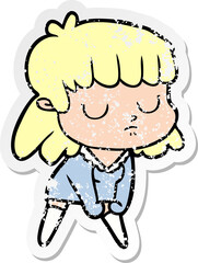 distressed sticker of a cartoon indifferent woman
