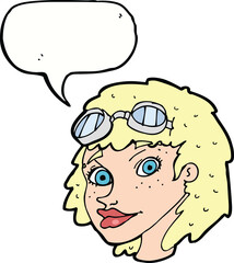 cartoon happy woman wearing aviator goggles with speech bubble