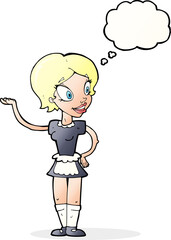 cartoon woman in maid costume with thought bubble