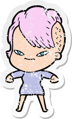 distressed sticker of a cute cartoon girl with hipster haircut