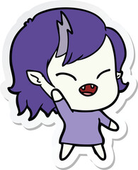 sticker of a cartoon laughing vampire girl waving