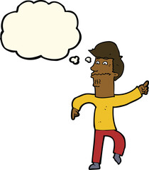 cartoon worried man pointing with thought bubble