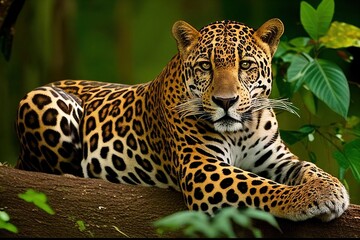 A big beautiful jaguar cat lies on a fallen tree in the forest. Generative AI