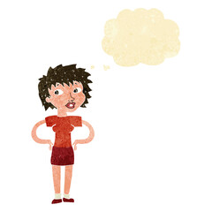 cartoon woman with hands on hips with thought bubble