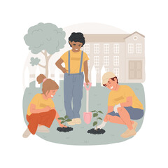 Tree planting outside isolated cartoon vector illustration. Group of children planting small tree in school garden, community volunteering, working outside, wearing same t-shirt vector cartoon.