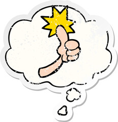 cartoon thumbs up sign and thought bubble as a distressed worn sticker