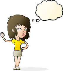 cartoon pretty woman waving with thought bubble