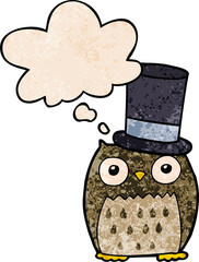 cartoon owl wearing top hat and thought bubble in grunge texture pattern style