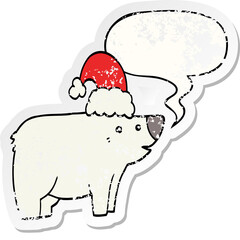 cartoon bear wearing christmas hat and speech bubble distressed sticker