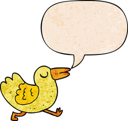 cartoon bird and speech bubble in retro texture style