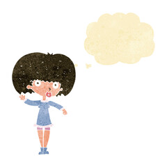 cartoon waving girl with thought bubble