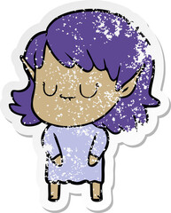 distressed sticker of a happy cartoon elf girl