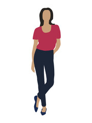 Vector flat illustration of woman in jeans and red t-shirt isolated on white background