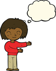 cartoon woman gesturing welcome with thought bubble