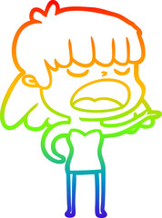 rainbow gradient line drawing cartoon woman talking loudly