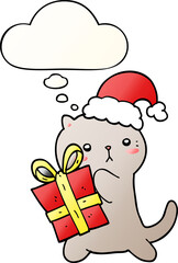 cute cartoon cat carrying christmas present and thought bubble in smooth gradient style