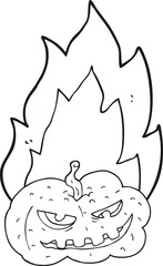 black and white cartoon flaming halloween pumpkin