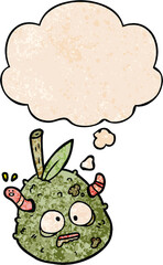 cartoon old pear and thought bubble in grunge texture pattern style