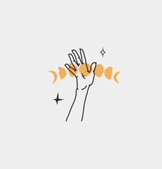 Hand drawn vector abstract outline,graphic,line art magic human hand with moon and stars logo in minimalistic modern style.Moon and stars sign outline design concept.Outline moon silhouette isolated.