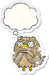 cartoon wise old owl and thought bubble as a distressed worn sticker